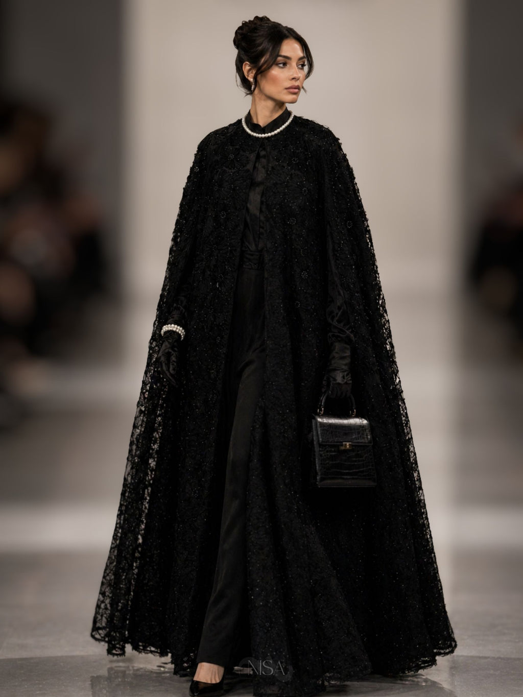 Black Beaded Lace Cape Abaya | Noir by NISA
