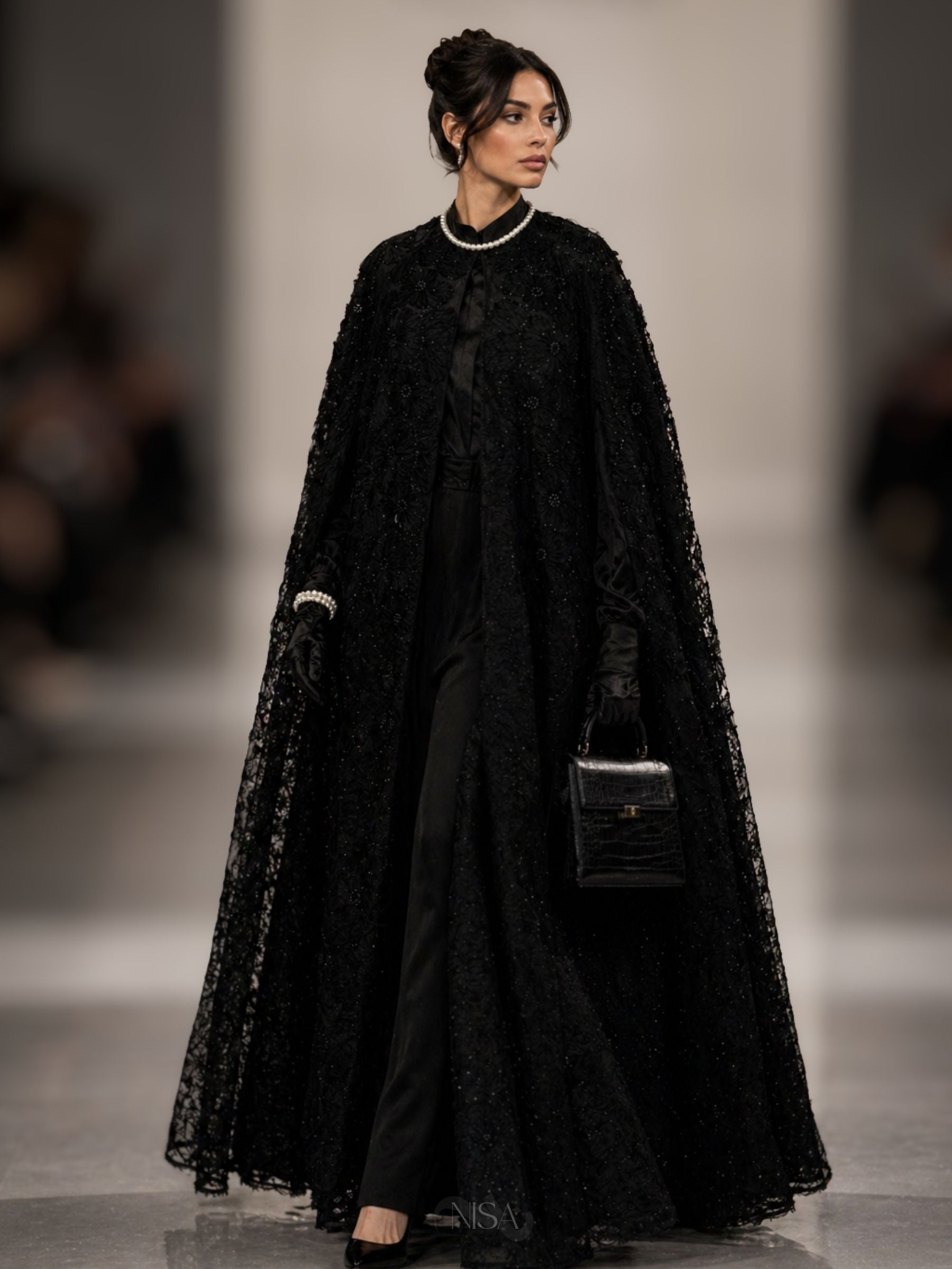 Black Beaded Lace Cape Abaya | Noir by NISA