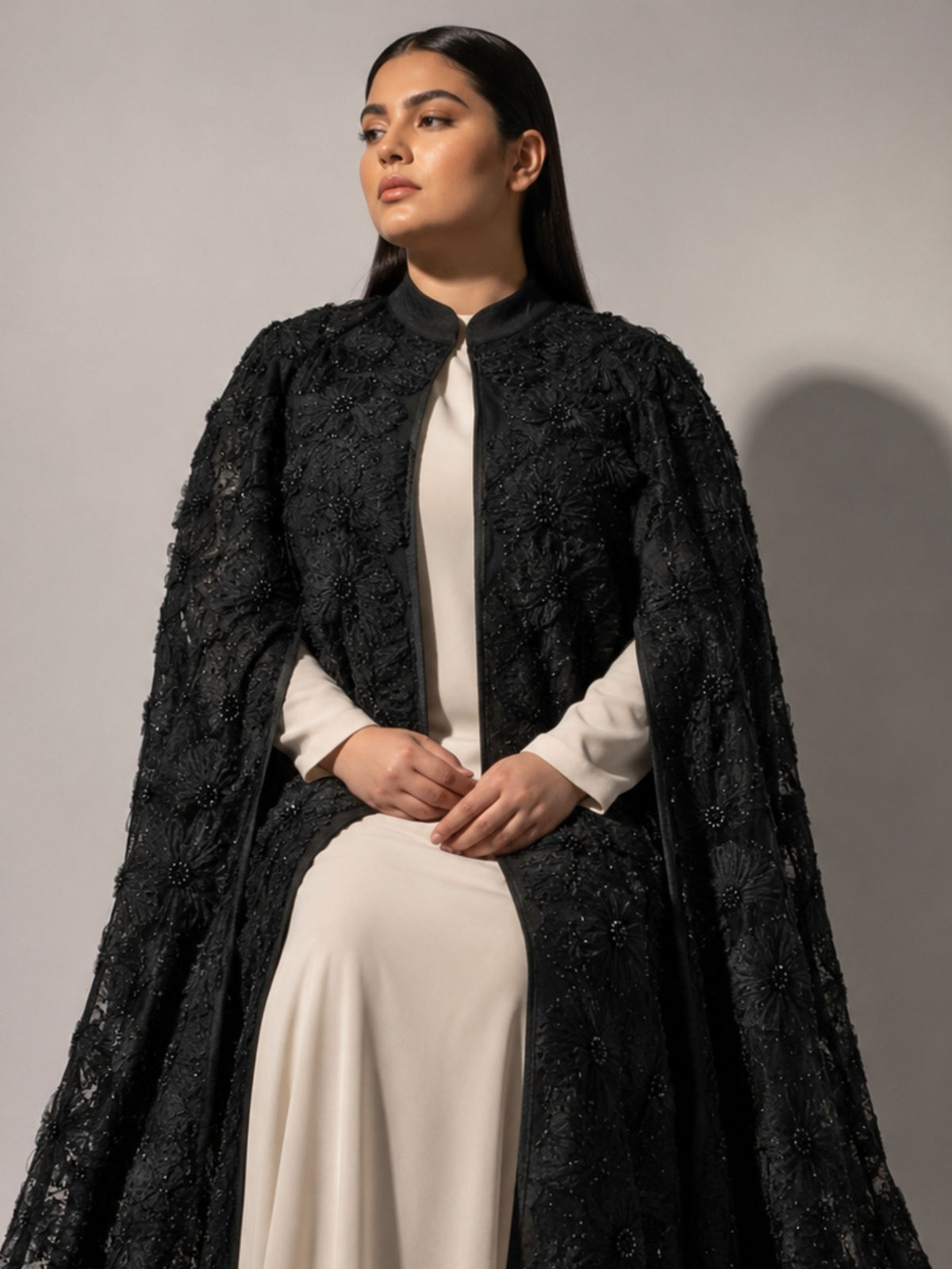 Black Beaded Lace Cape Abaya | Noir by NISA