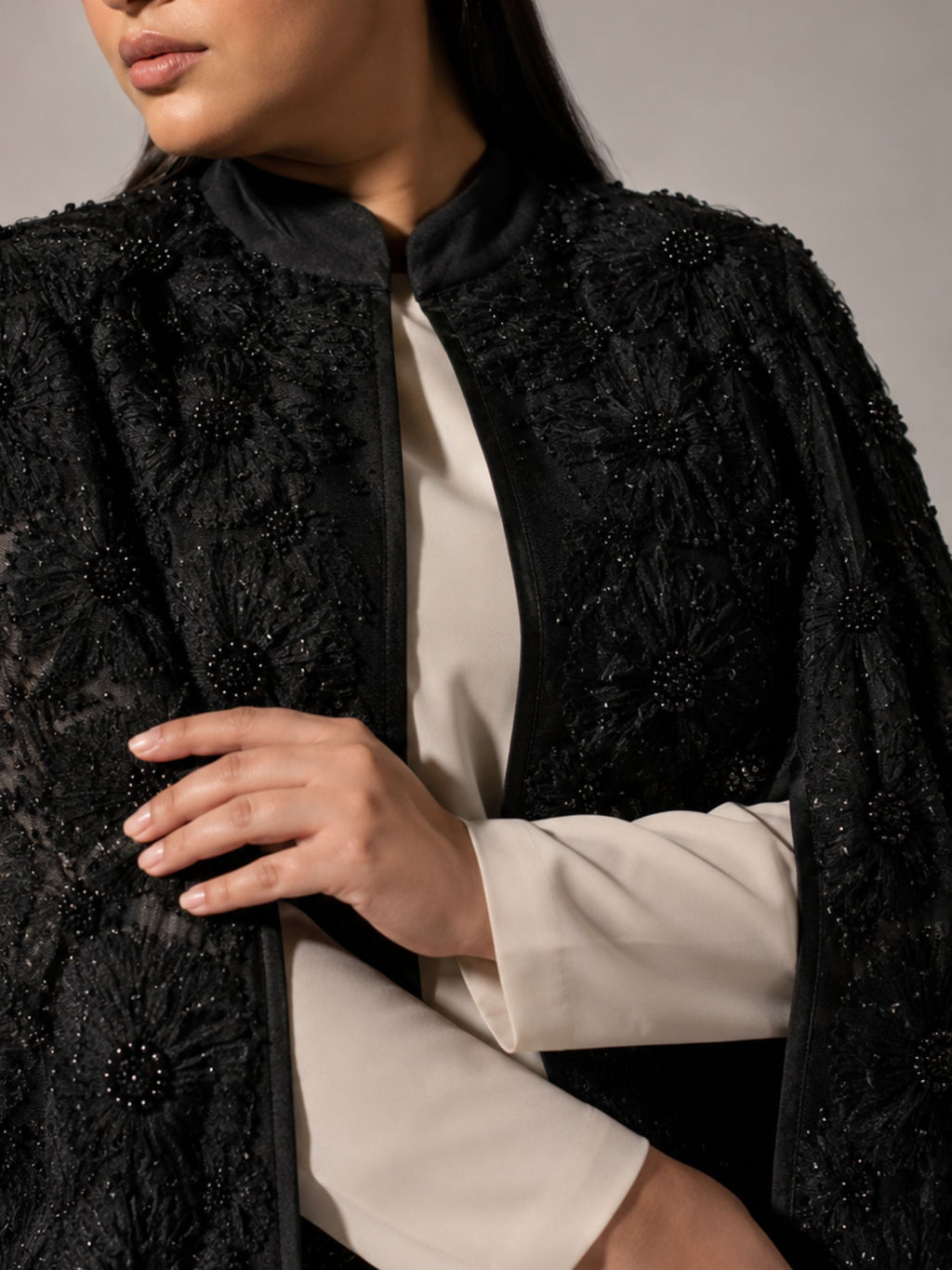 Black Beaded Lace Cape Abaya | Noir by NISA