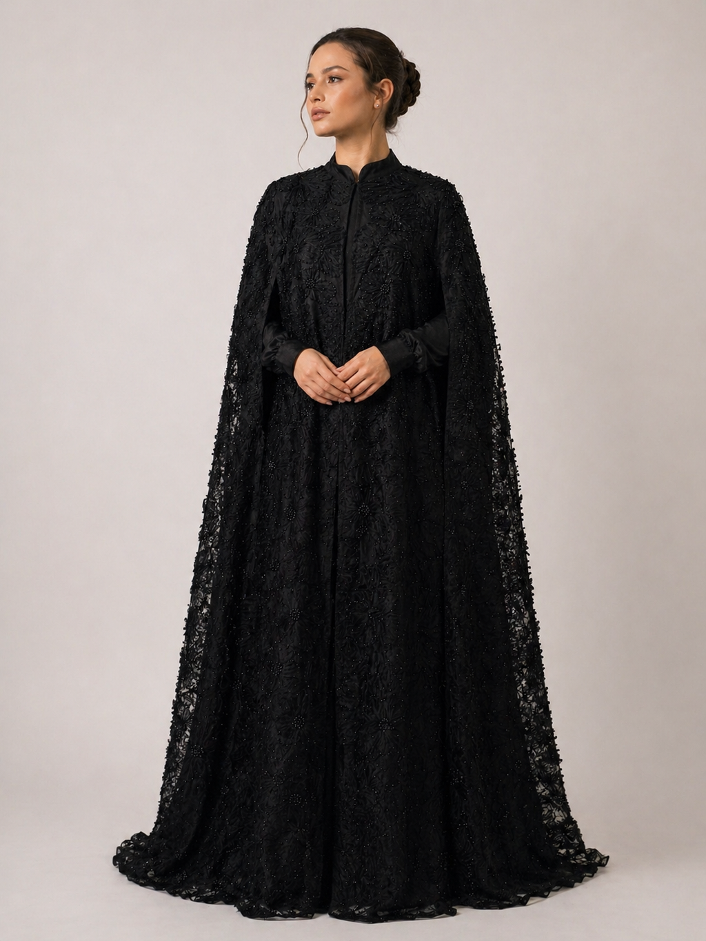 Black Beaded Lace Cape Abaya | Noir by NISA