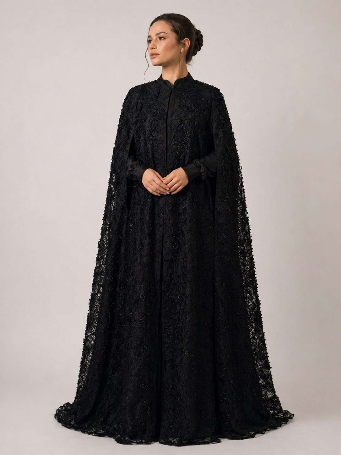 Black Beaded Lace Cape Abaya | Noir by NISA