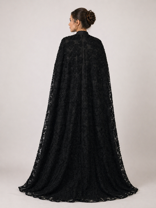 Black Beaded Lace Cape Abaya | Noir by NISA