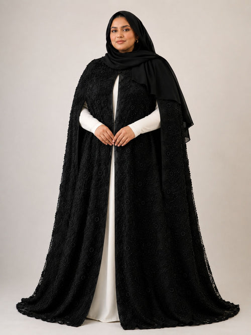 Black Beaded Lace Cape Abaya | Noir by NISA