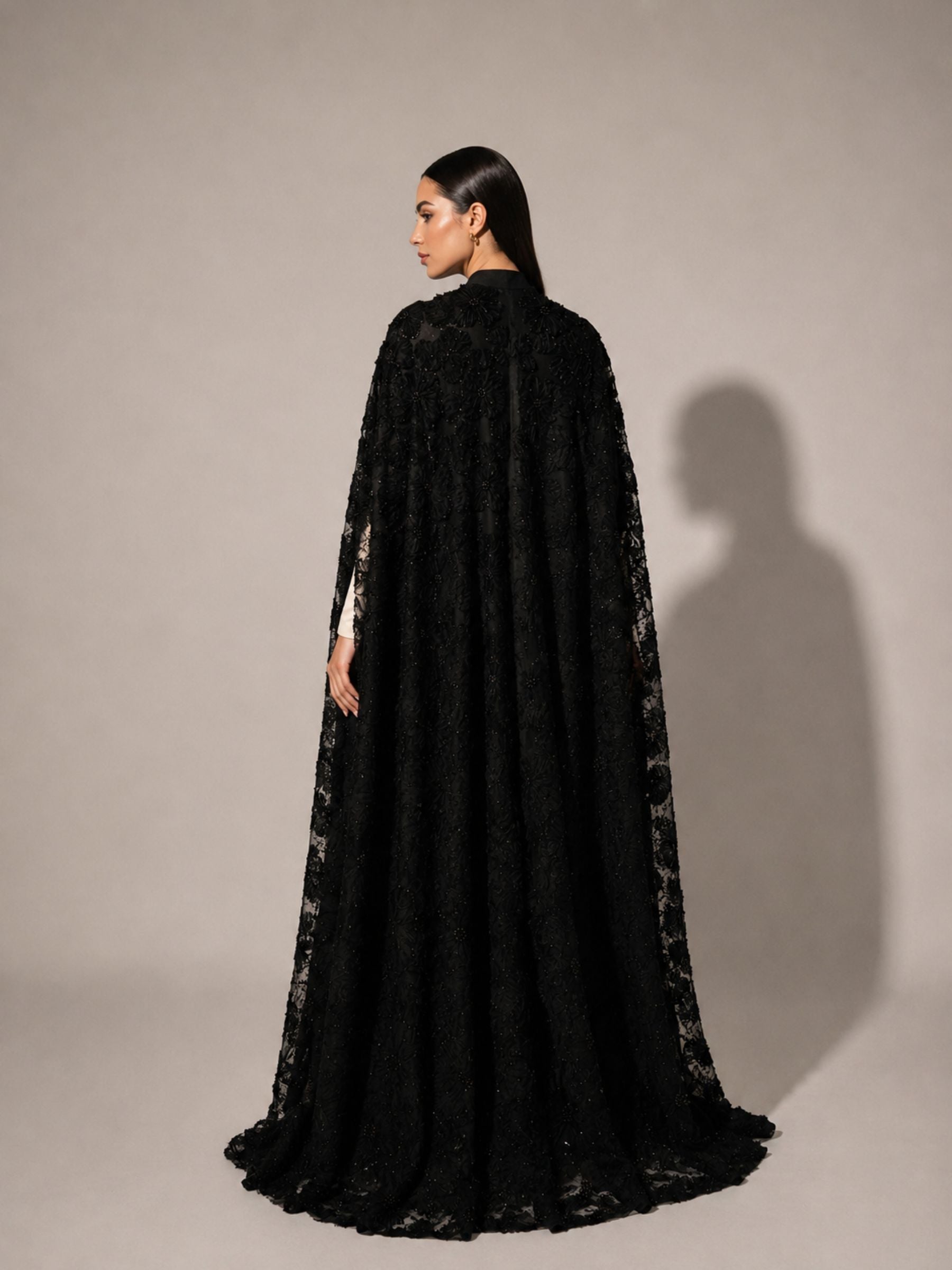 Black Beaded Lace Cape Abaya | Noir by NISA