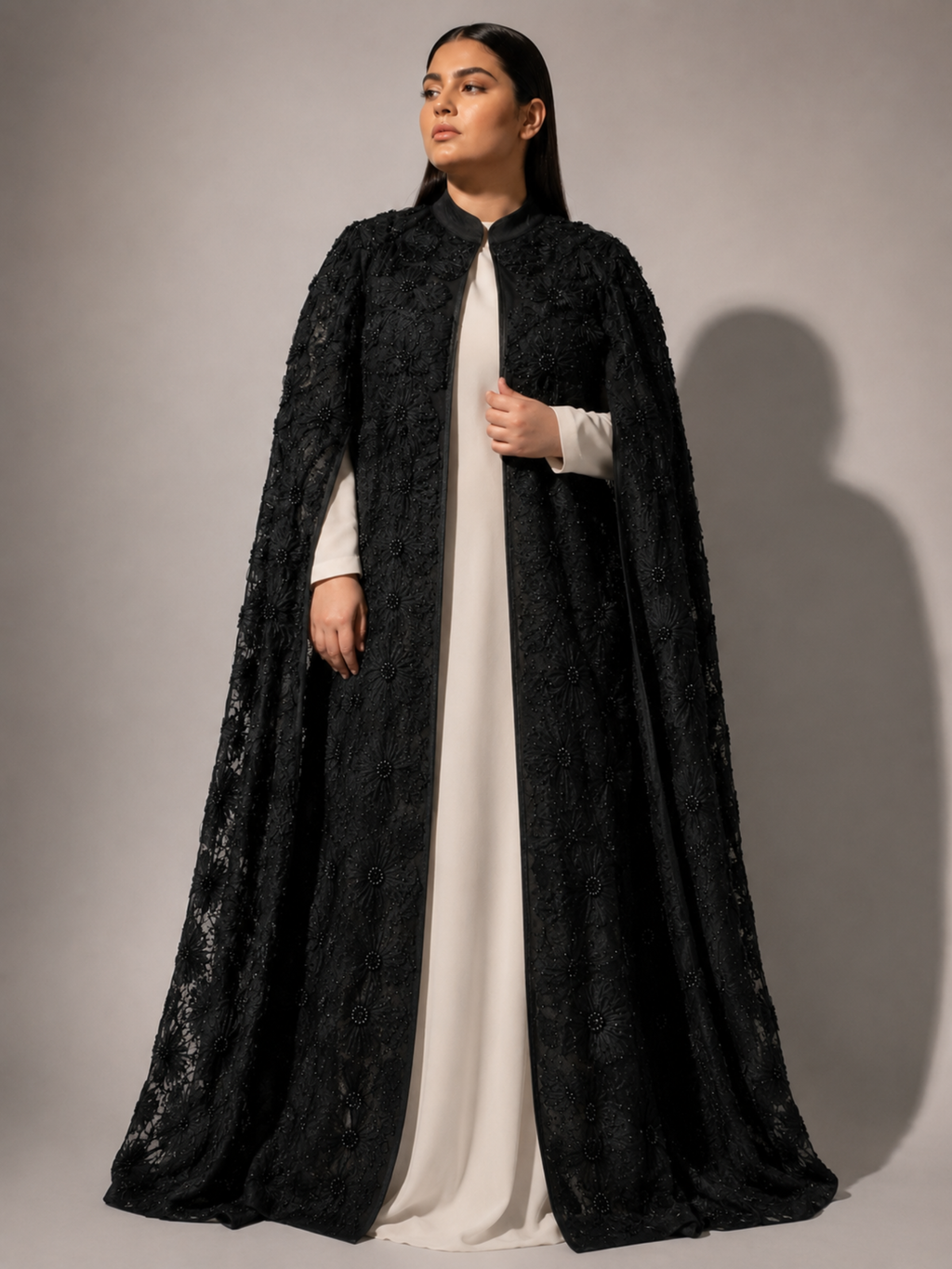 Black Beaded Lace Cape Abaya | Noir by NISA