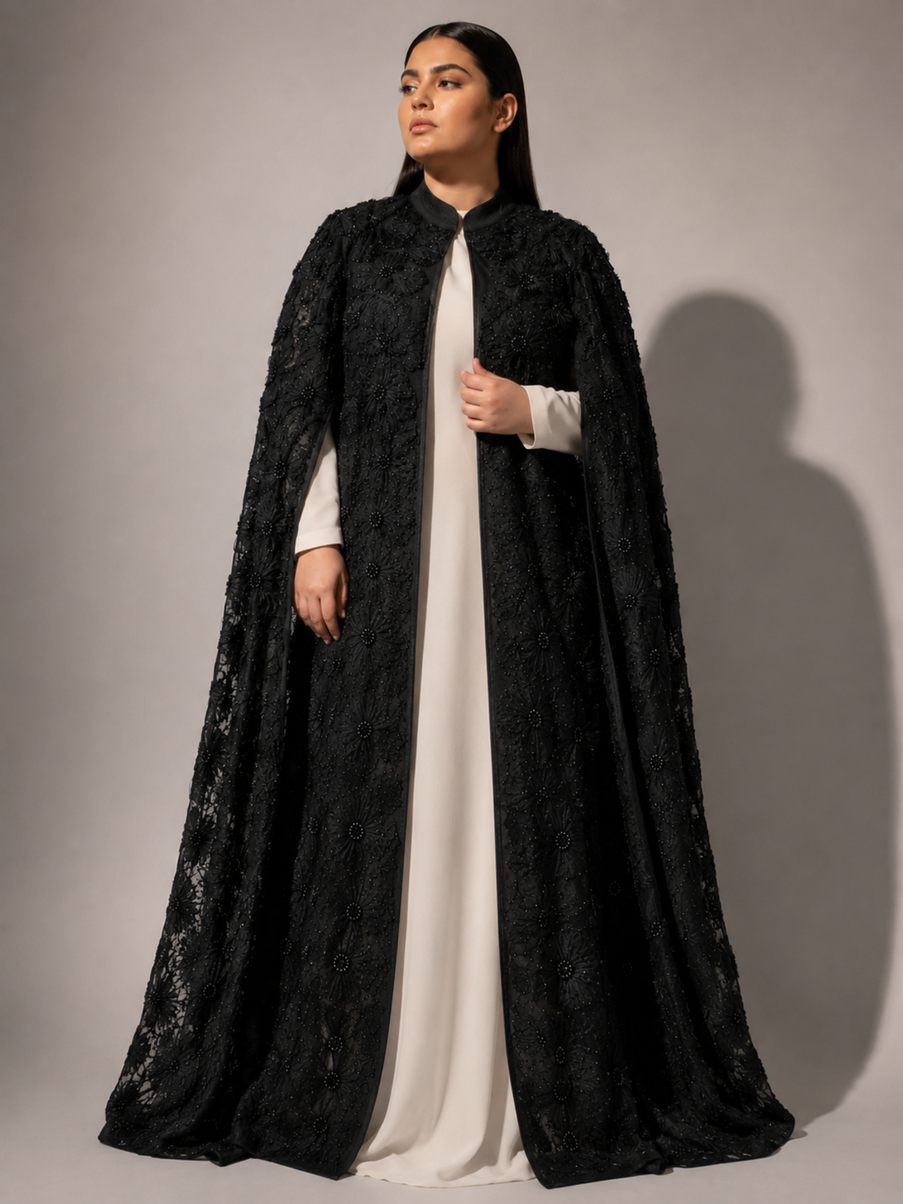 Black Beaded Lace Cape Abaya | Noir by NISA