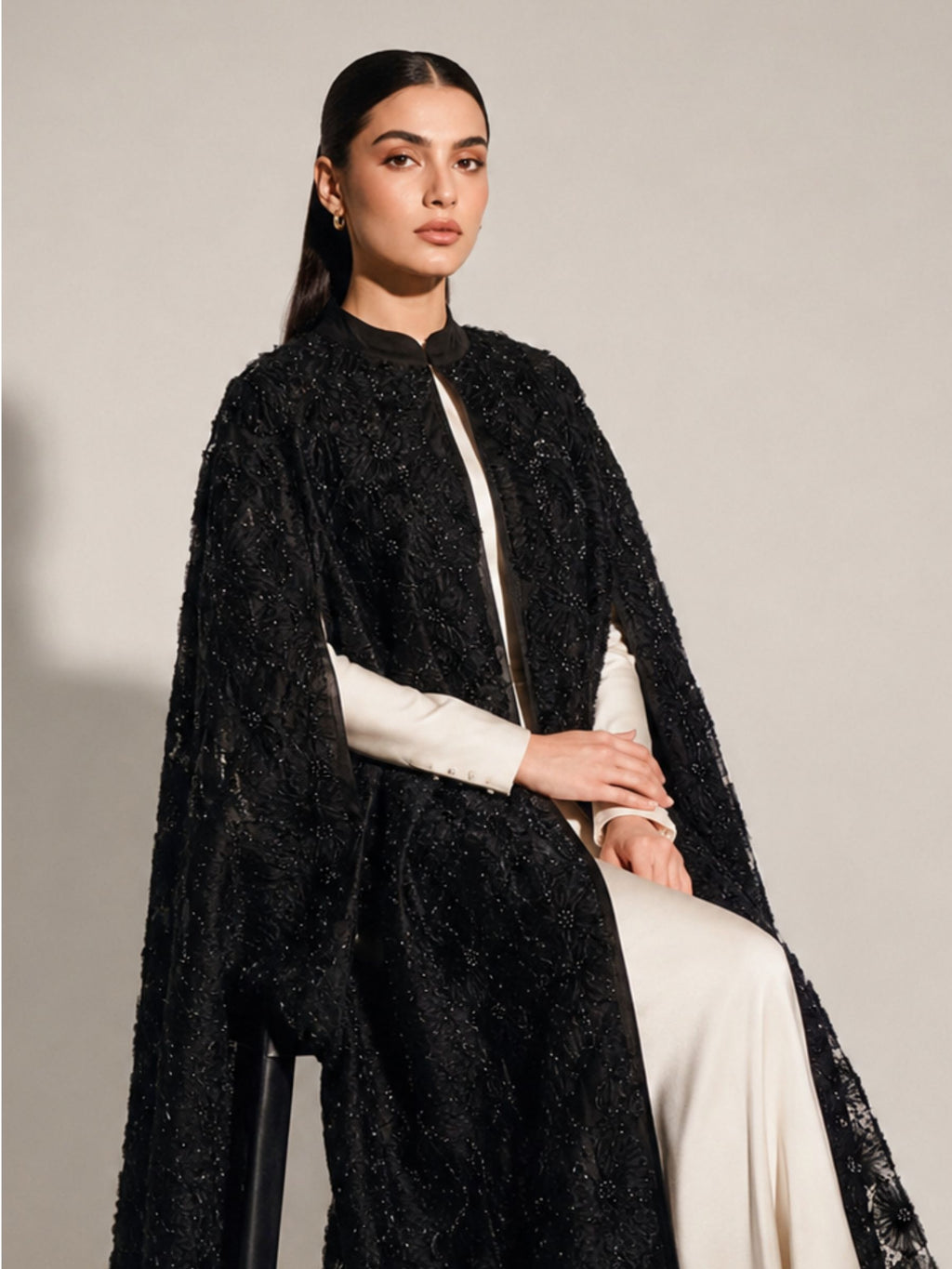Black Beaded Lace Cape Abaya | Noir by NISA