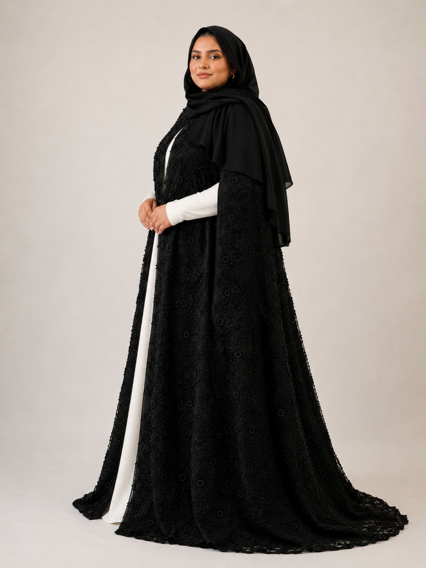 Black Beaded Lace Cape Abaya | Noir by NISA