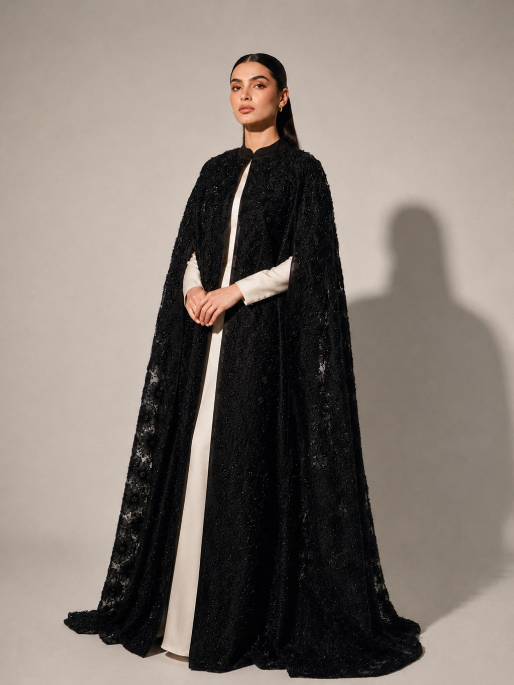 Black Beaded Lace Cape Abaya | Noir by NISA