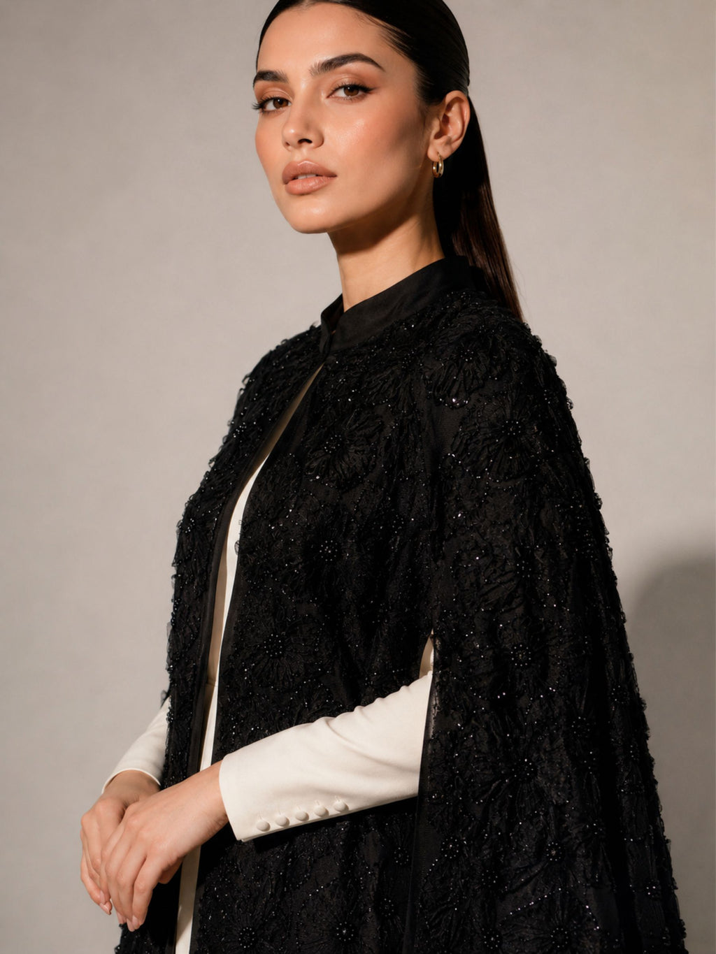 Black Beaded Lace Cape Abaya | Noir by NISA
