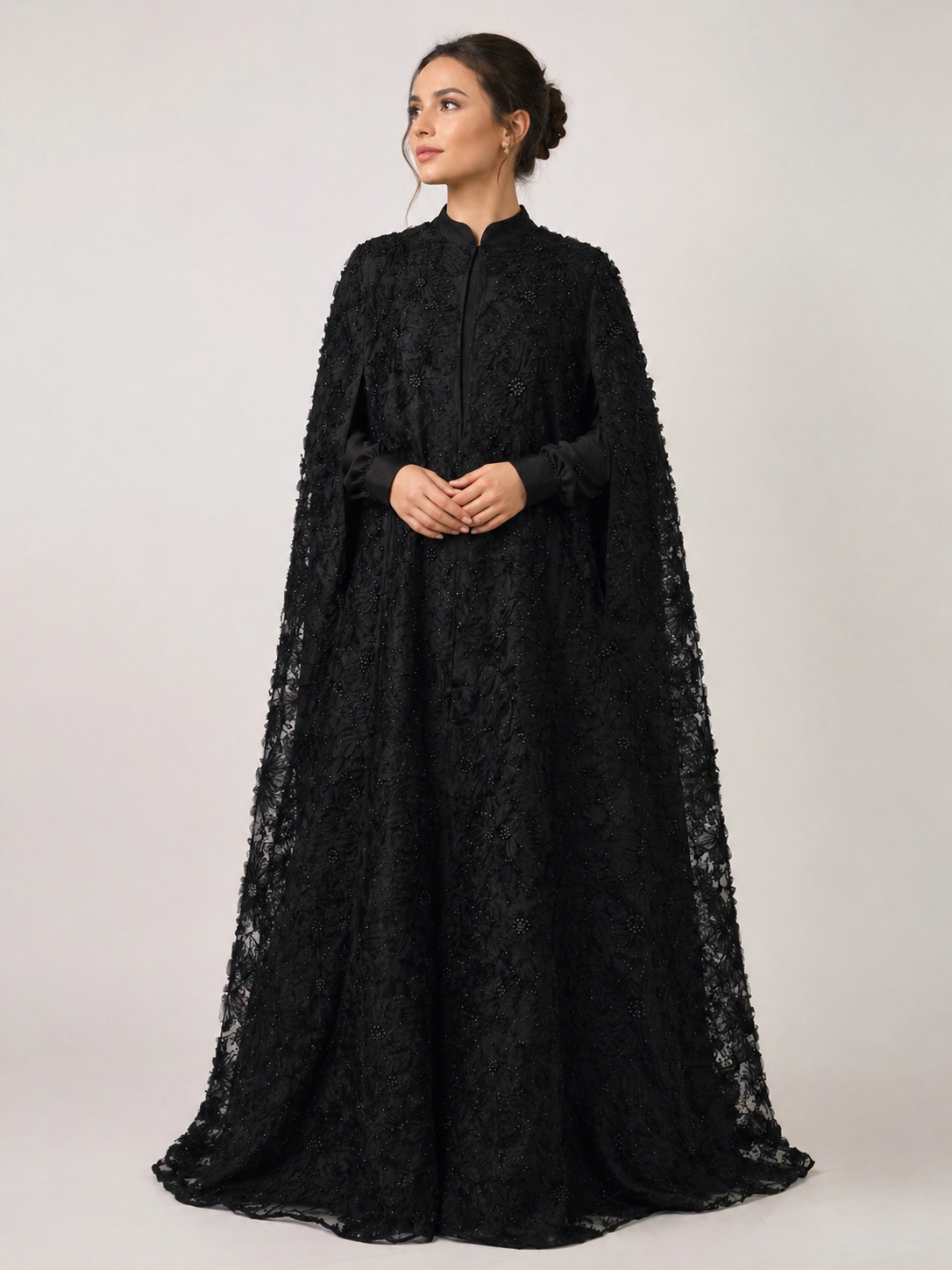 Black Beaded Lace Cape Abaya | Noir by NISA