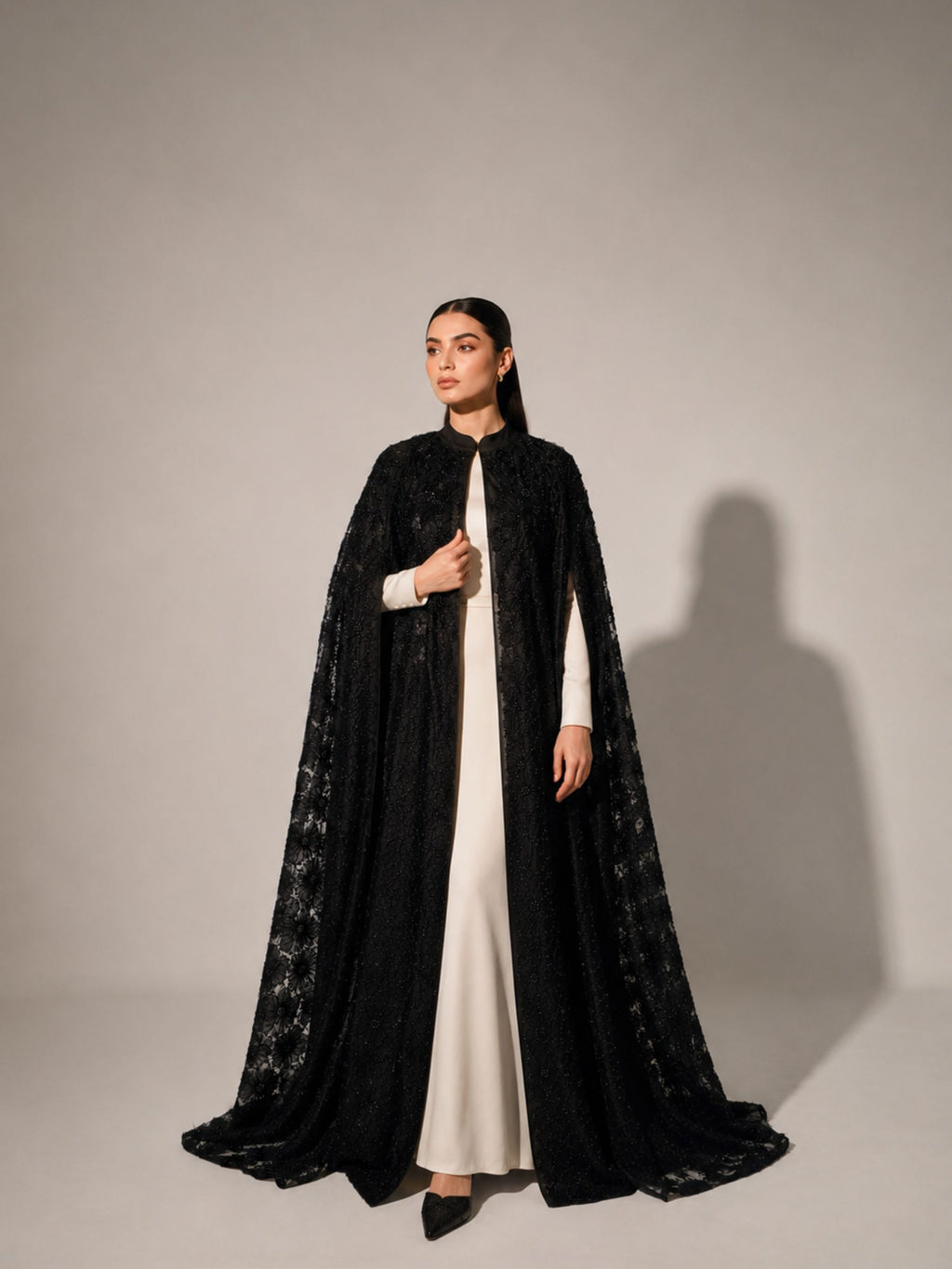 Black Beaded Lace Cape Abaya | Noir by NISA