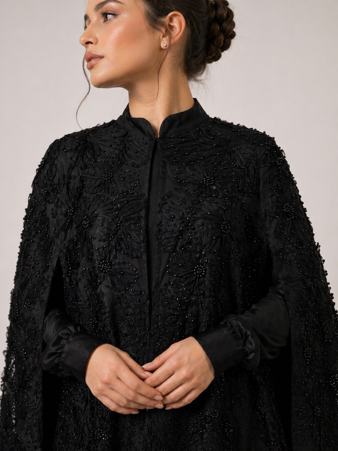 Black Beaded Lace Cape Abaya | Noir by NISA