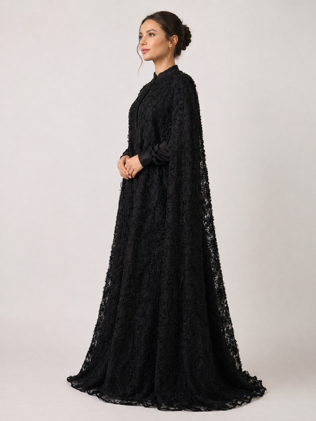 Black Beaded Lace Cape Abaya | Noir by NISA